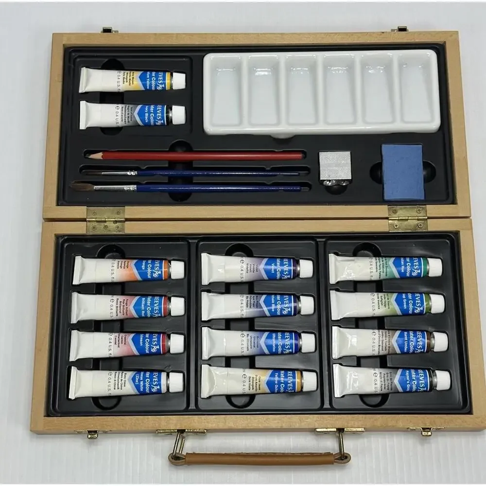 Reeves Acrylic Paint Set 15 Tubes Paint‎ In Wood Box Brushes Pencil Palette
